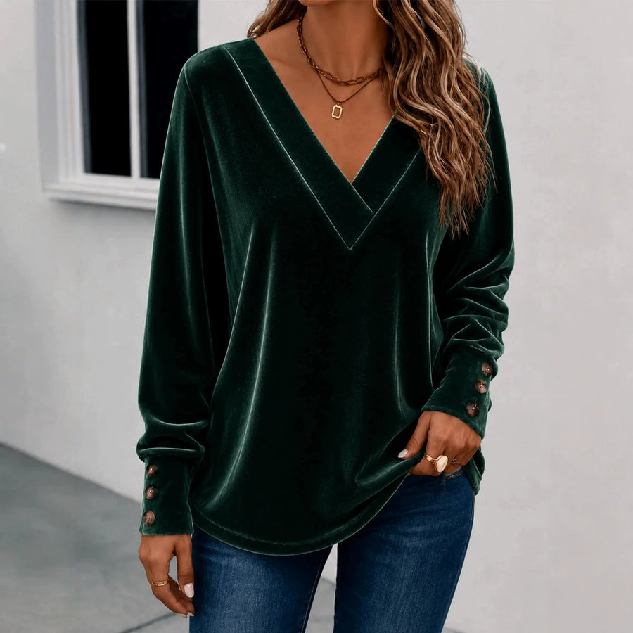 V-neck Velvet Long-sleeve Crop Top With Buttons
