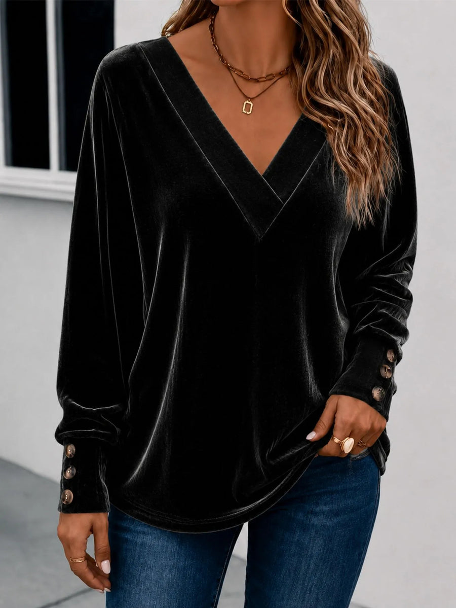 V-neck Velvet Long-sleeve Crop Top With Buttons