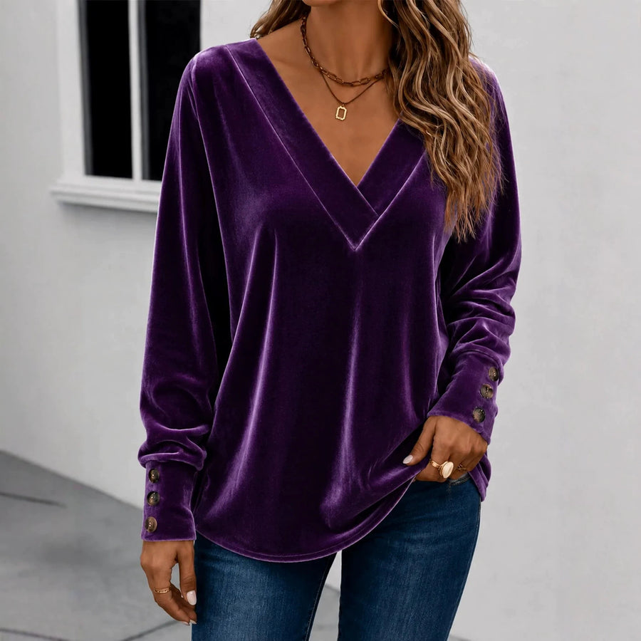 V-neck Velvet Long-sleeve Crop Top With Buttons