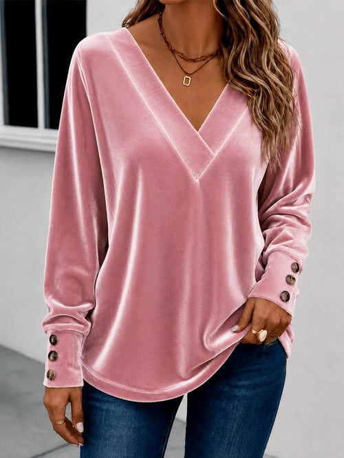 V-neck Velvet Long-sleeve Crop Top With Buttons