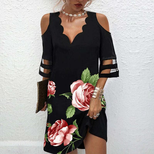 V-neck Patterned Tulle Short-sleeve Dress for Effortless Style
