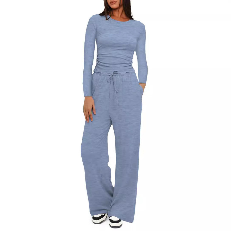 Solid-color Casual Long-sleeve Top & Wide Leg Pants Set