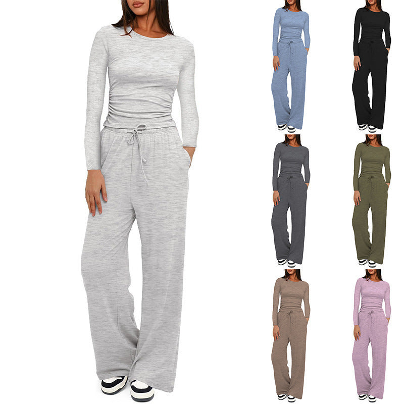 Solid-color Casual Long-sleeve Top & Wide Leg Pants Set