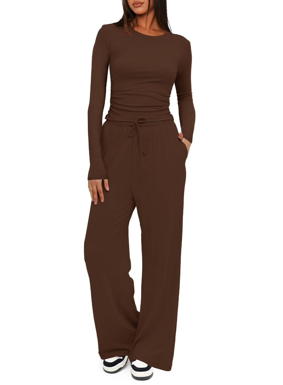 Solid-color Casual Long-sleeve Top & Wide Leg Pants Set