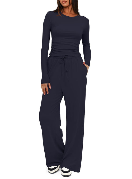 Solid-color Casual Long-sleeve Top & Wide Leg Pants Set