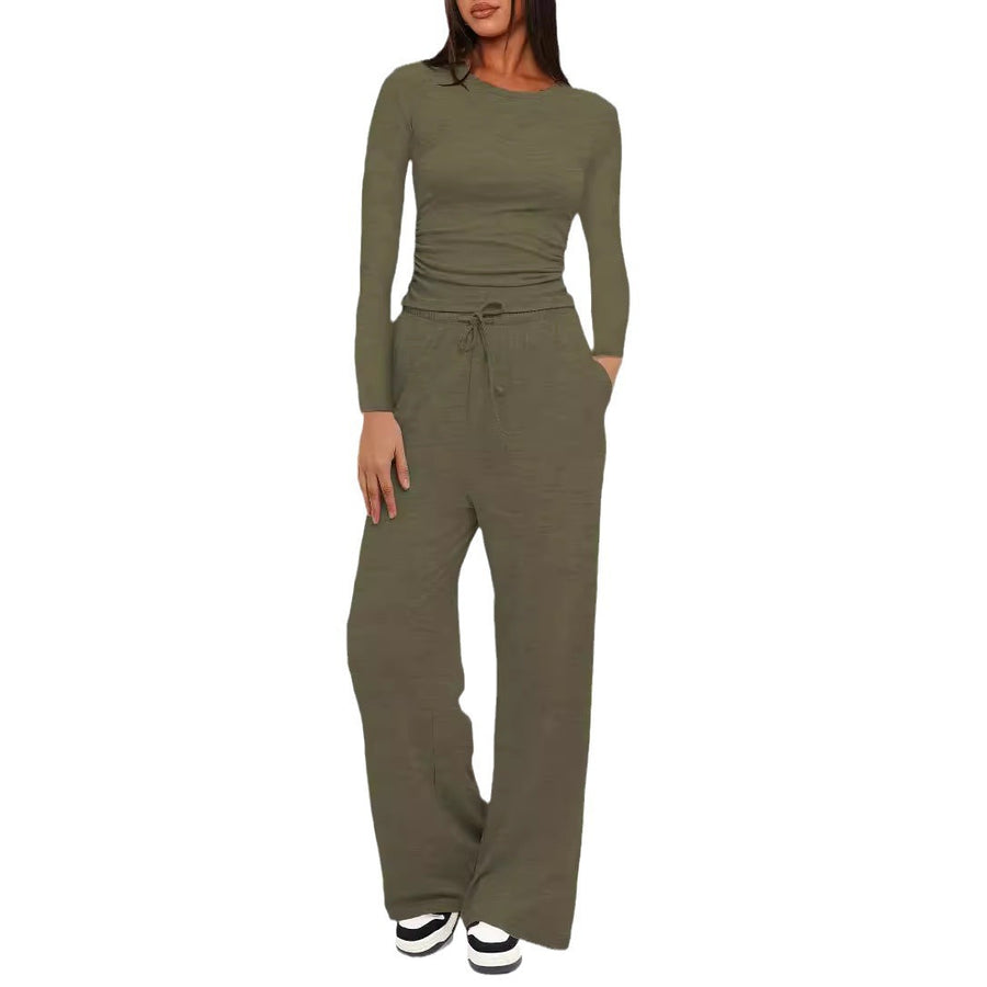 Solid-color Casual Long-sleeve Top & Wide Leg Pants Set