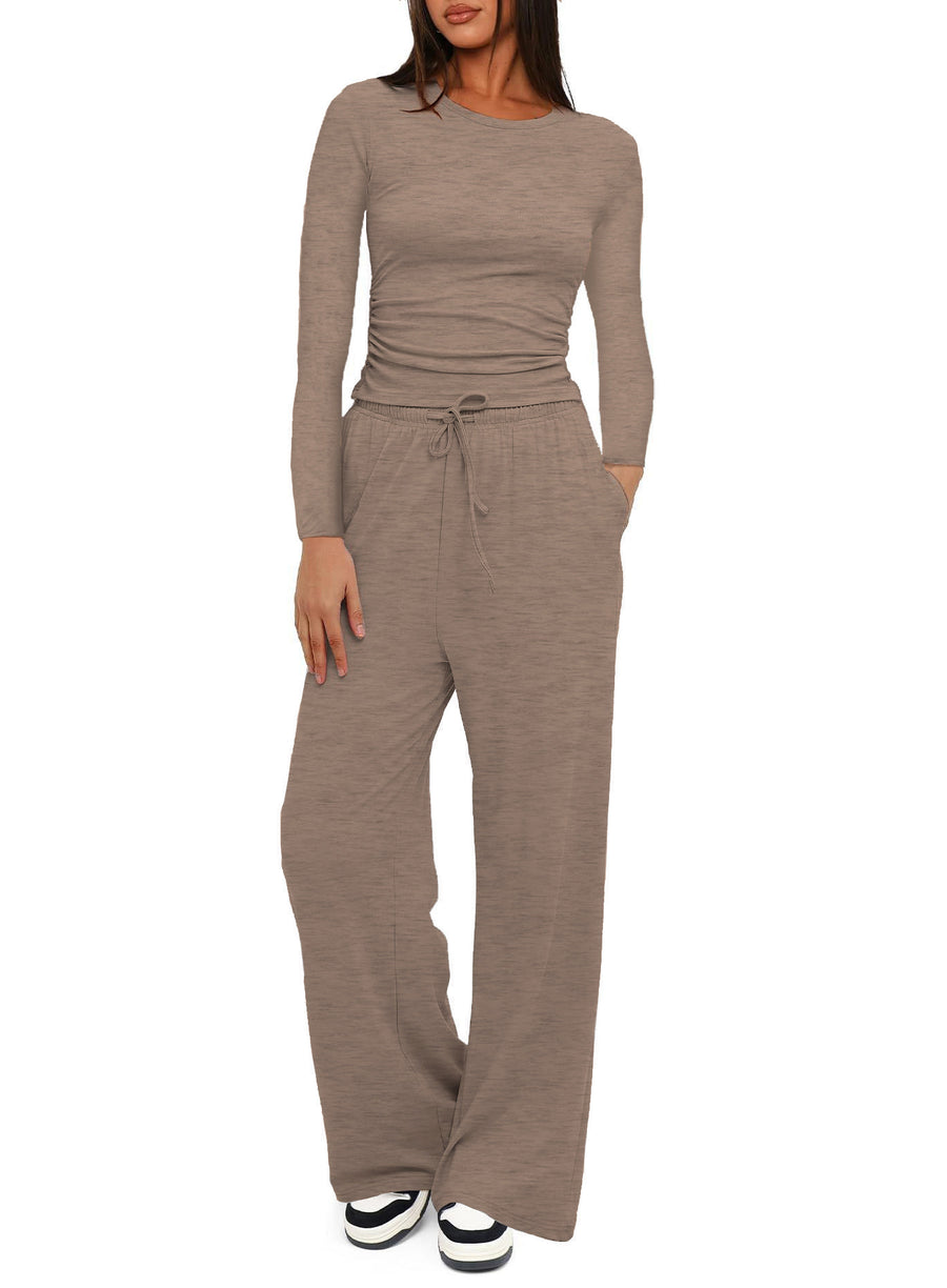 Solid-color Casual Long-sleeve Top & Wide Leg Pants Set