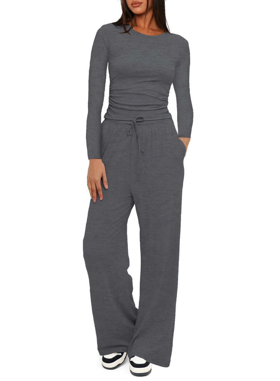 Solid-color Casual Long-sleeve Top & Wide Leg Pants Set
