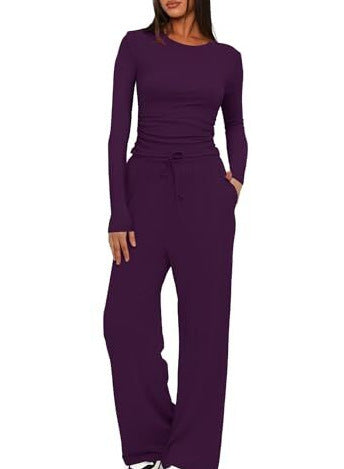Solid-color Casual Long-sleeve Top & Wide Leg Pants Set