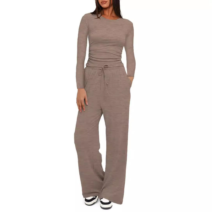 Solid-color Casual Long-sleeve Top & Wide Leg Pants Set