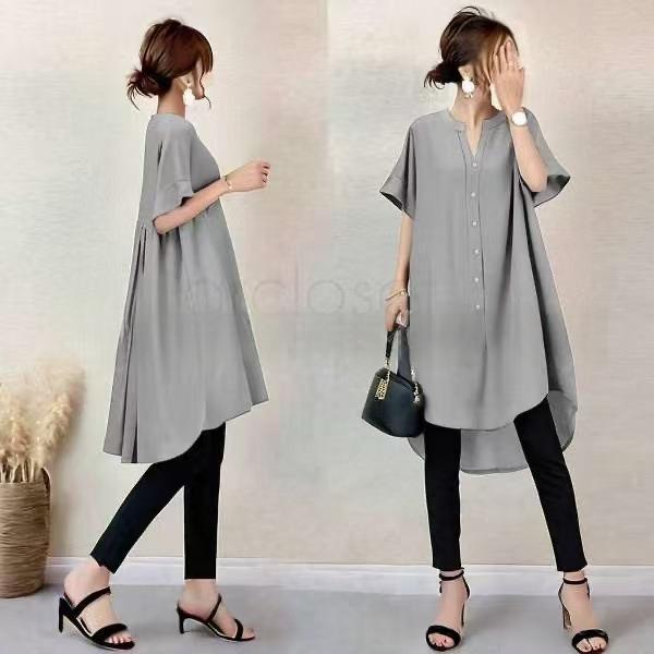 V-neck Front Short Back Long Single Breasted Shirt
