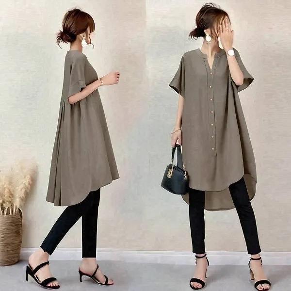 V-neck Front Short Back Long Single Breasted Shirt