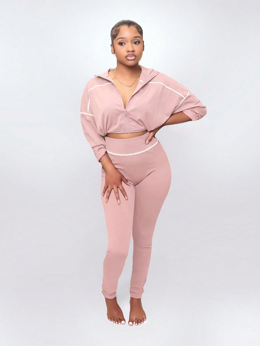 Womens Casual Sporty Knit Set - Slimming Long-Sleeve Zip-Up