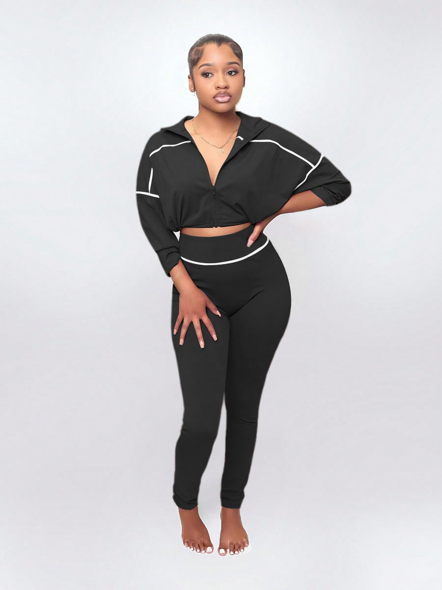 Womens Casual Sporty Knit Set - Slimming Long-Sleeve Zip-Up