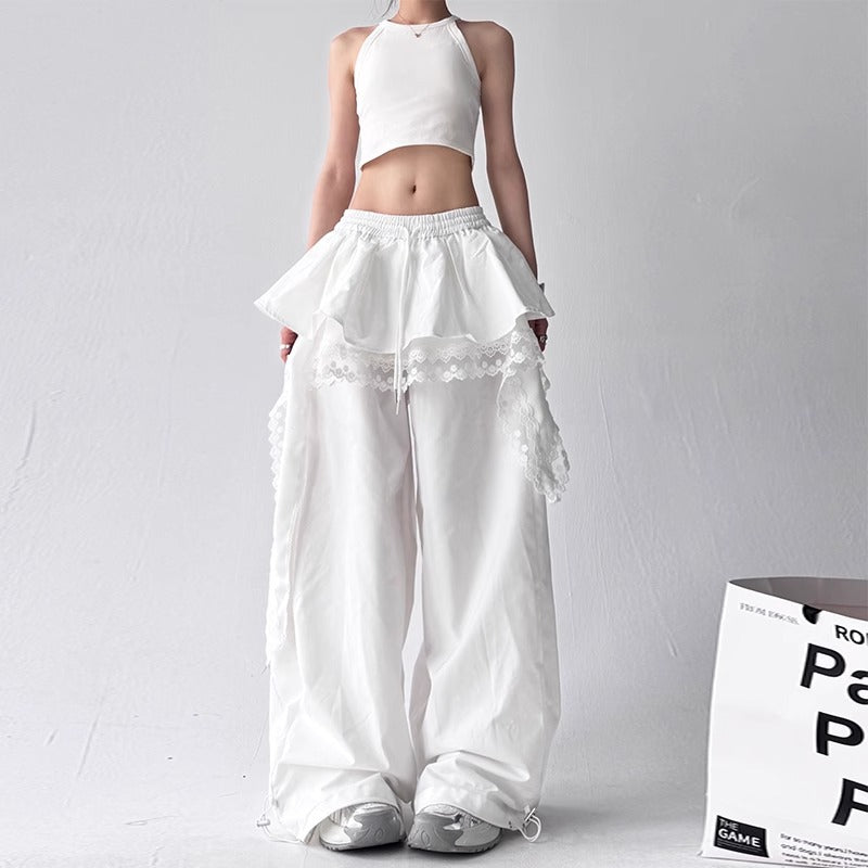 Womens Solid-color Versatile Layered Skirt-detail Workwear Pants