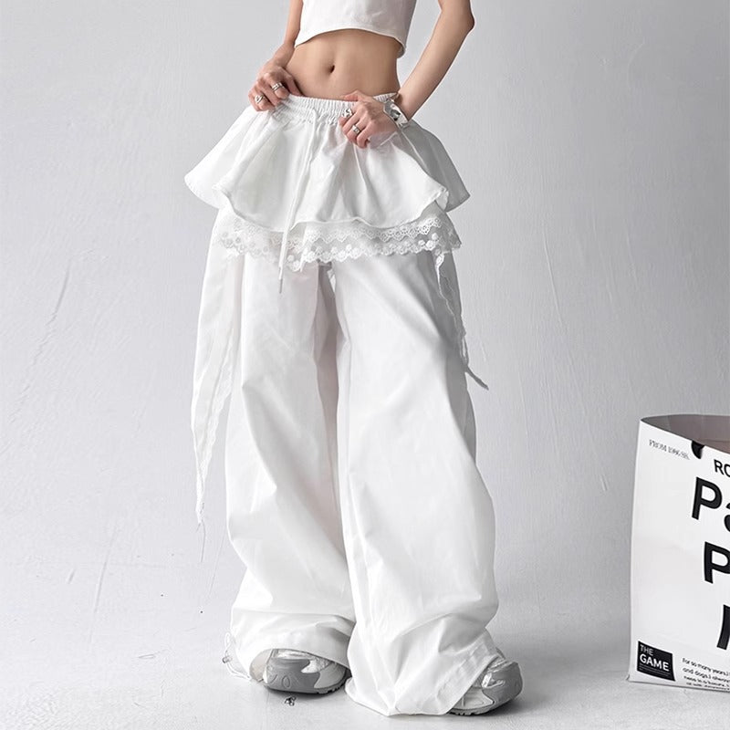Womens Solid-color Versatile Layered Skirt-detail Workwear Pants
