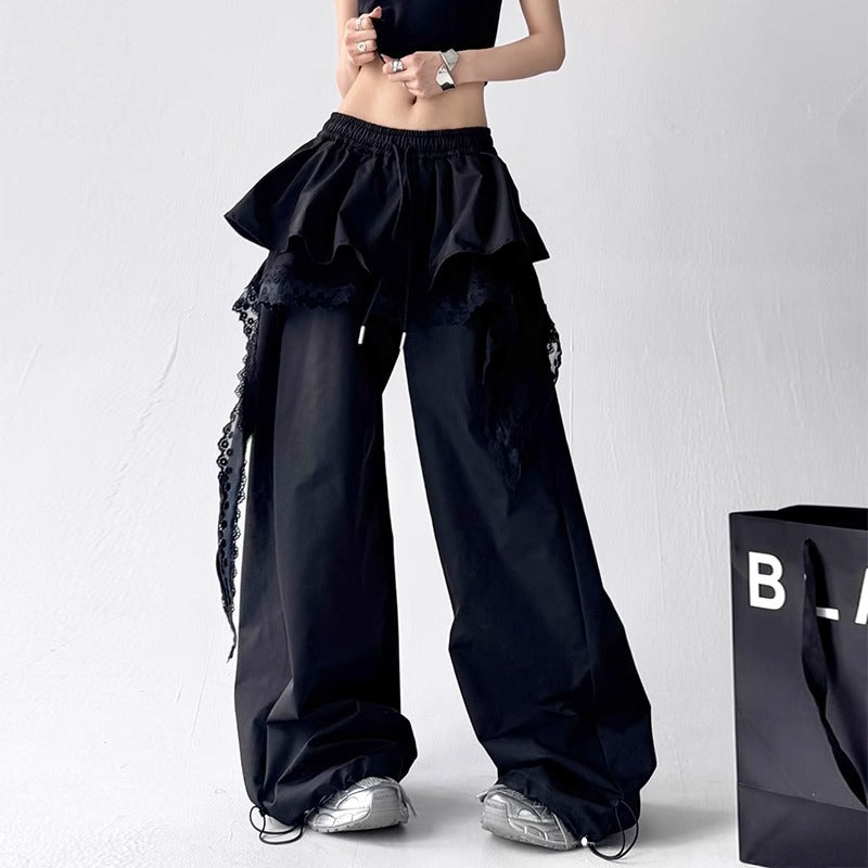 Womens Solid-color Versatile Layered Skirt-detail Workwear Pants