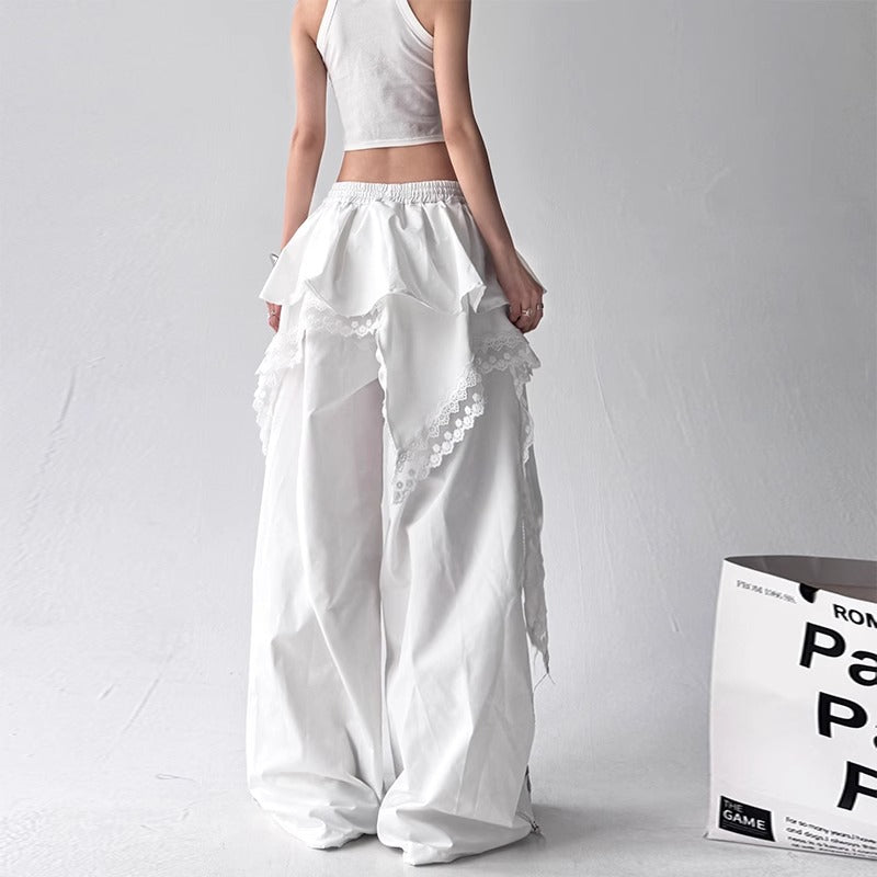 Womens Solid-color Versatile Layered Skirt-detail Workwear Pants
