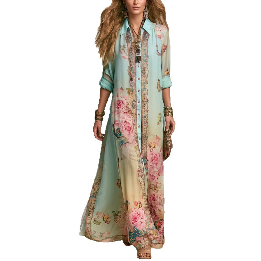 Baroque-Style Mint Green Chiffon Floral Long Dress