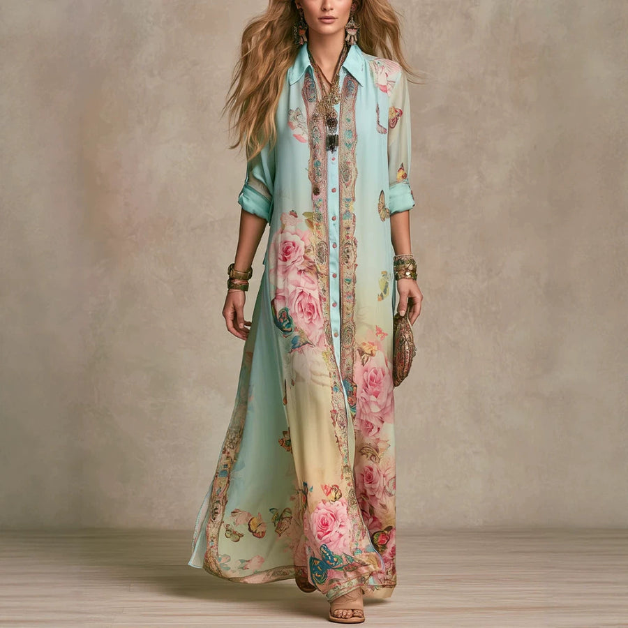 Baroque-Style Mint Green Chiffon Floral Long Dress