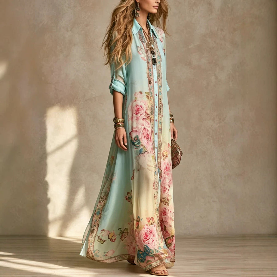 Baroque-Style Mint Green Chiffon Floral Long Dress