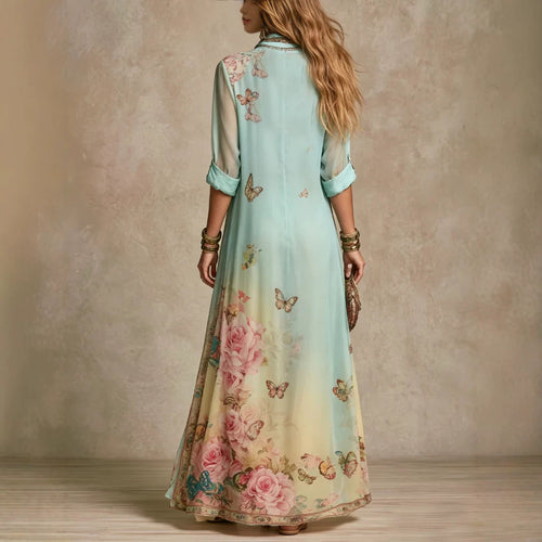 Baroque-Style Mint Green Chiffon Floral Long Dress