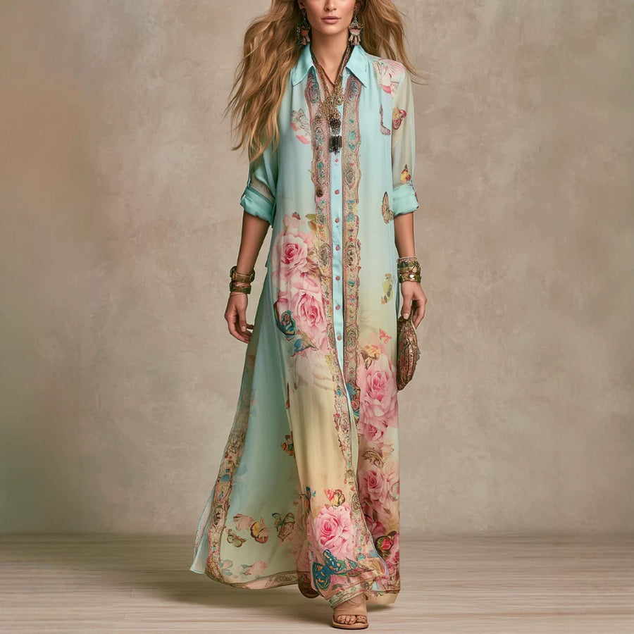 Baroque-Style Mint Green Chiffon Floral Long Dress