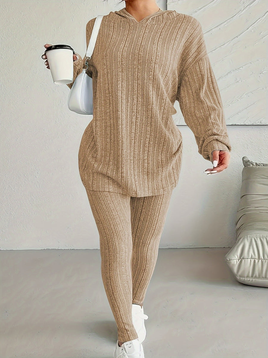 Long-sleeved Casual Pants Set with Ribbed Herringbone Pattern