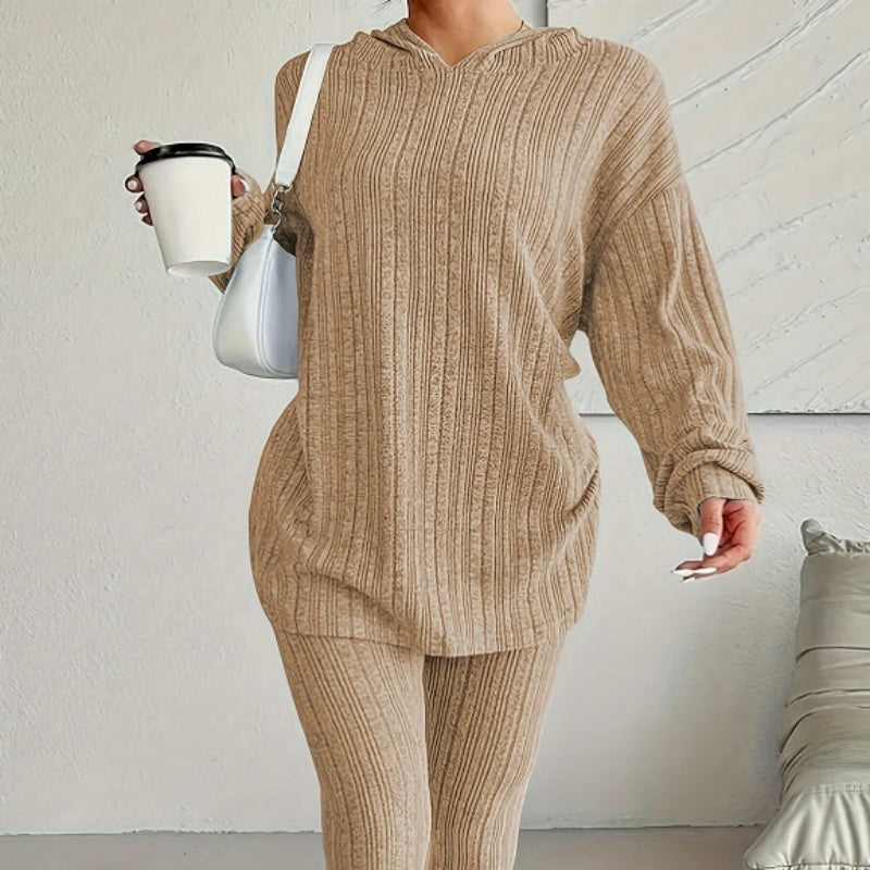 Long-sleeved Casual Pants Set with Ribbed Herringbone Pattern