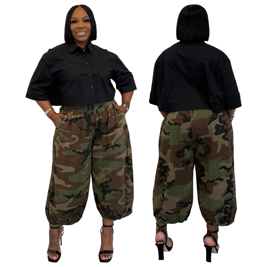 Elastic-waist Large-pocket Lantern-style Loose-fit Jogger Harem Pants