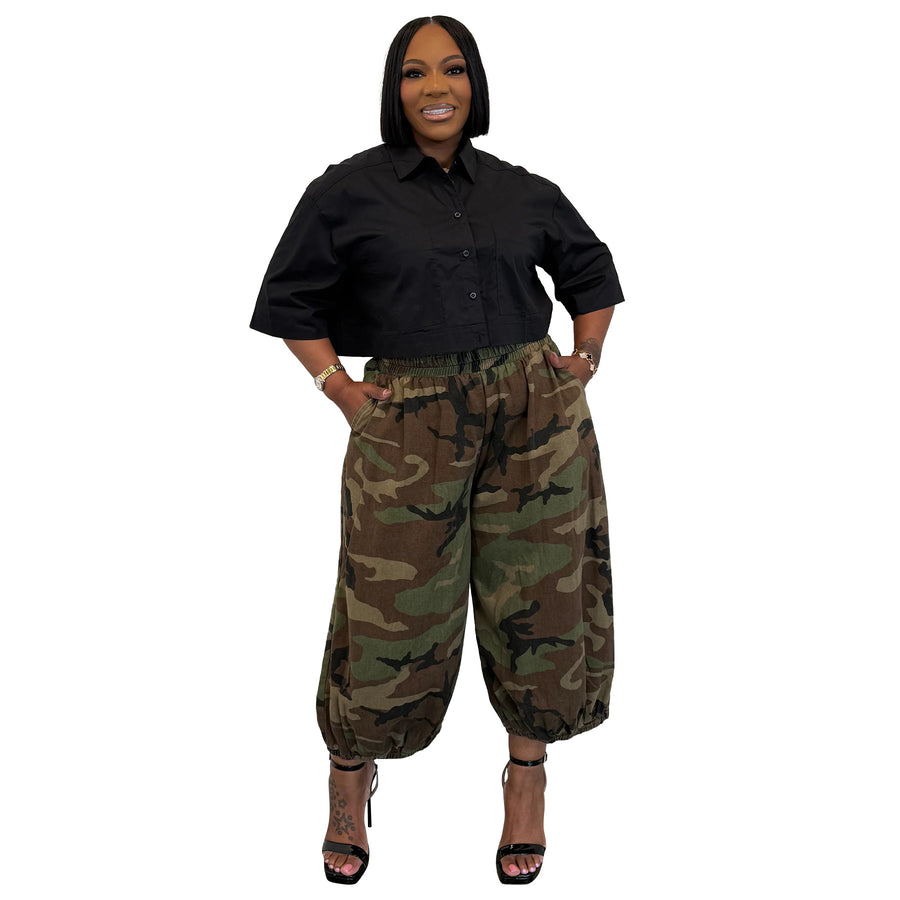 Elastic-waist Large-pocket Lantern-style Loose-fit Jogger Harem Pants