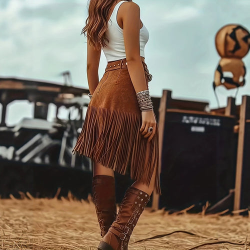 Womens Bohemian Solid-color Patchwork High-waisted Maxi Skirt