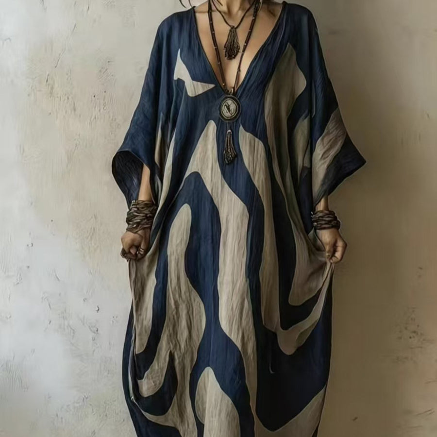 Womens V-neck Beach Dress - Loose-fit & Figure-flattering