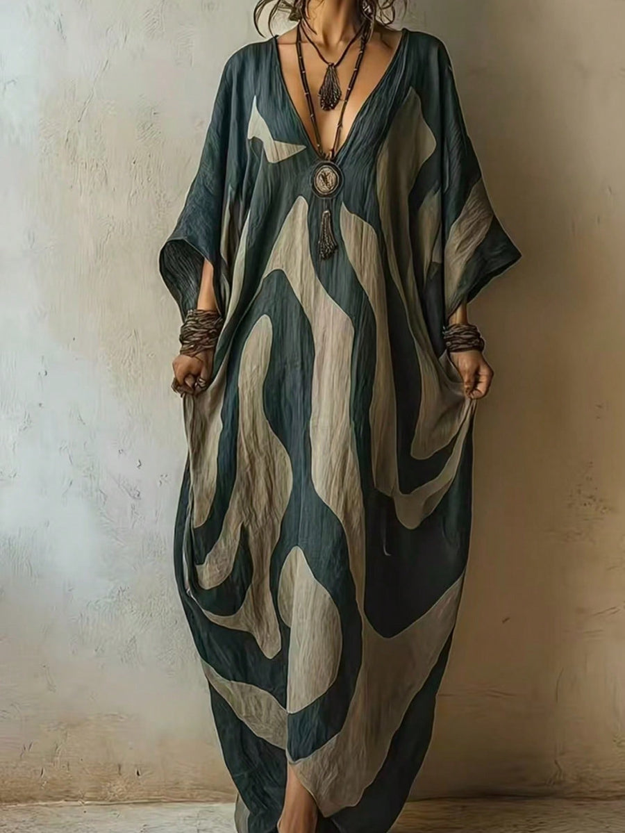 Womens V-neck Beach Dress - Loose-fit & Figure-flattering