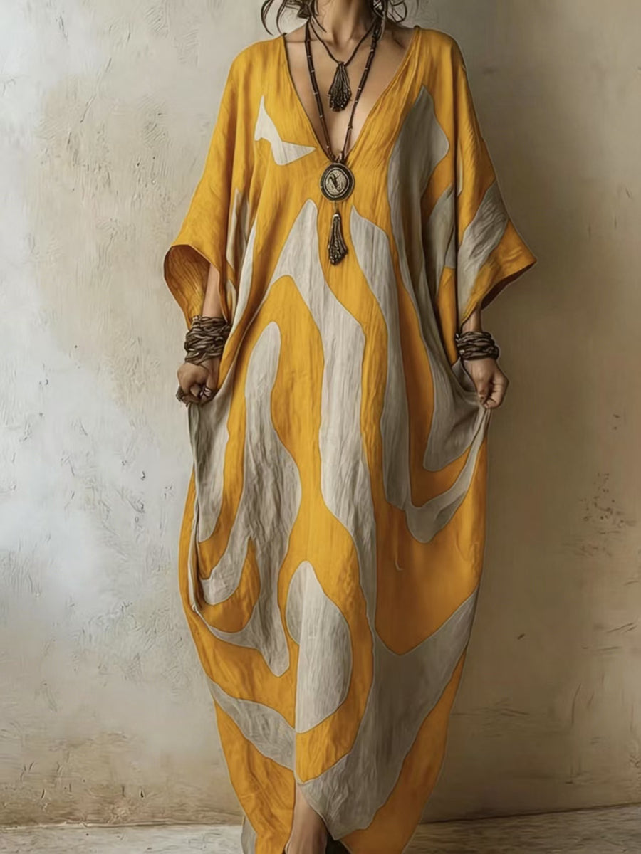 Womens V-neck Beach Dress - Loose-fit & Figure-flattering