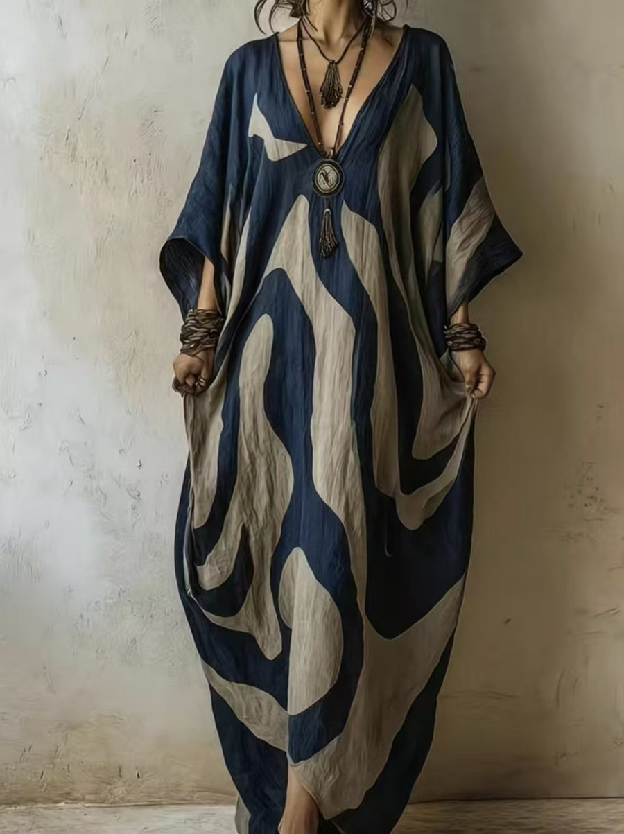 Womens V-neck Beach Dress - Loose-fit & Figure-flattering