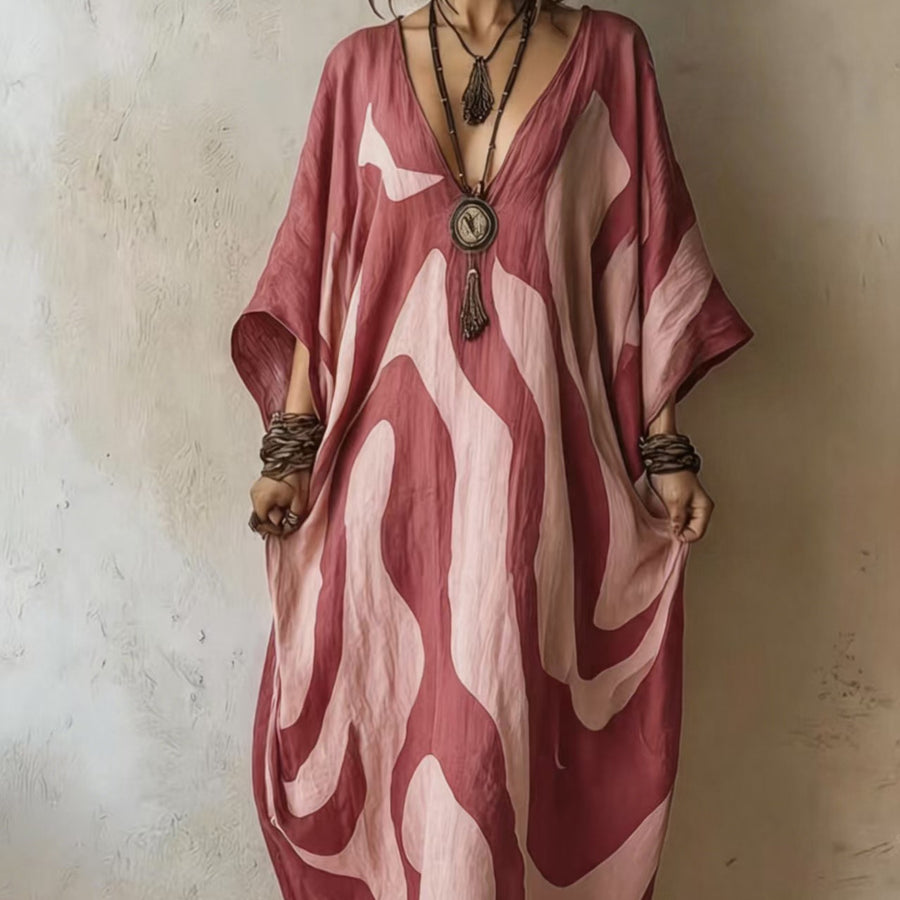 Womens V-neck Beach Dress - Loose-fit & Figure-flattering