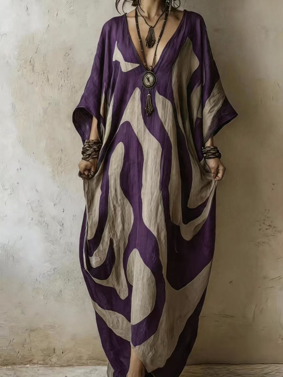 Womens V-neck Beach Dress - Loose-fit & Figure-flattering