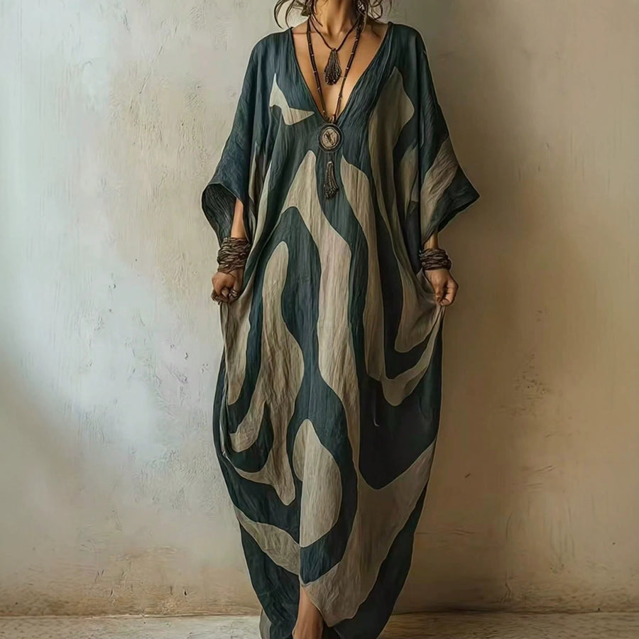 Womens V-neck Beach Dress - Loose-fit & Figure-flattering