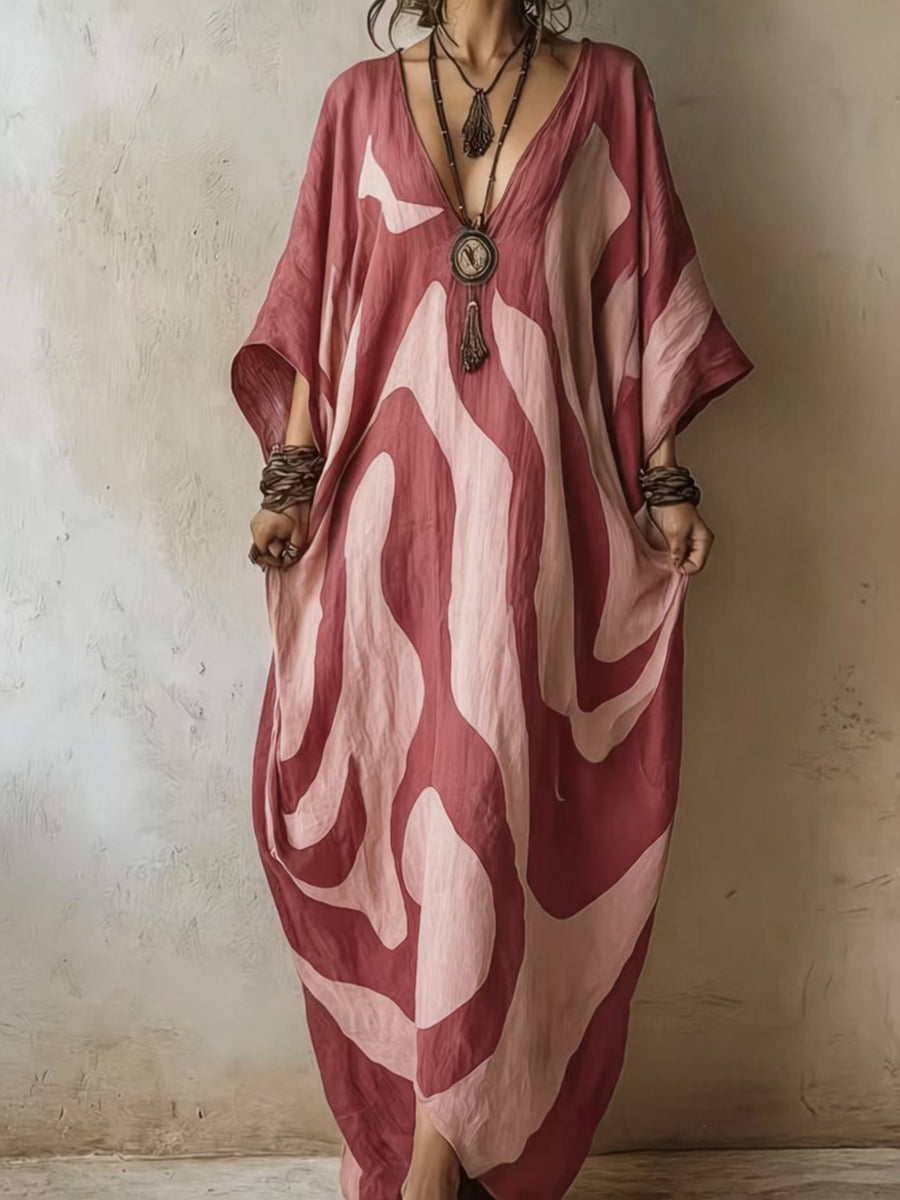 Womens V-neck Beach Dress - Loose-fit & Figure-flattering