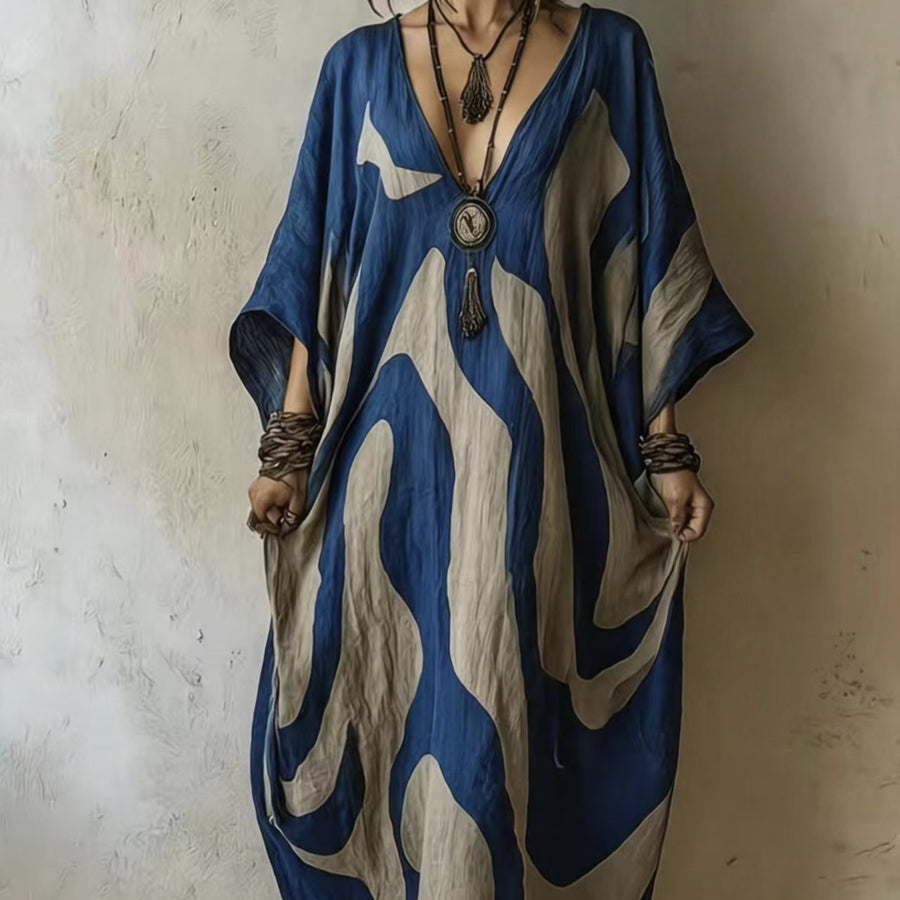 Womens V-neck Beach Dress - Loose-fit & Figure-flattering