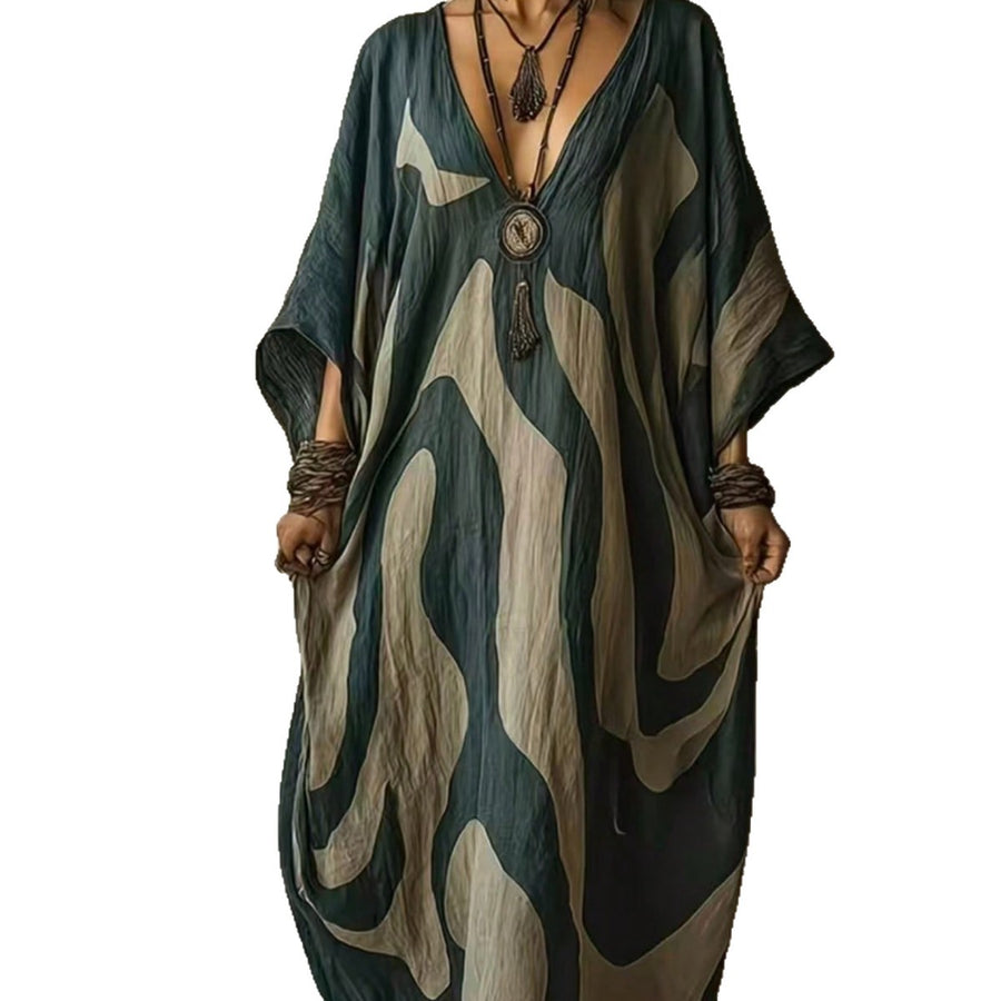 Womens V-neck Beach Dress - Loose-fit & Figure-flattering