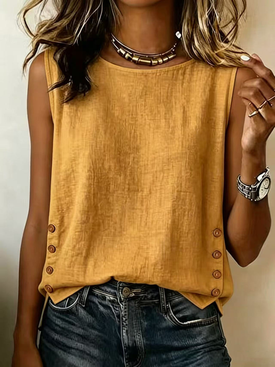 Womens Round-neck Casual Loose-fit Solid-color T-shirt