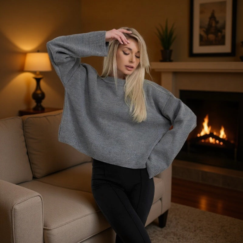 Womens Loose-Fit Long-Sleeve Pullover Knit Sweater