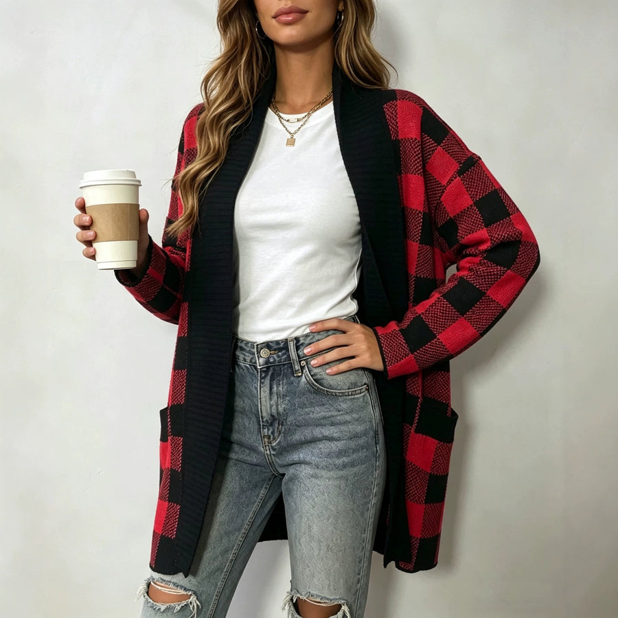 Plaid Pocket Cardigan Sweater - Plus-Size Loose-Fit Jacket