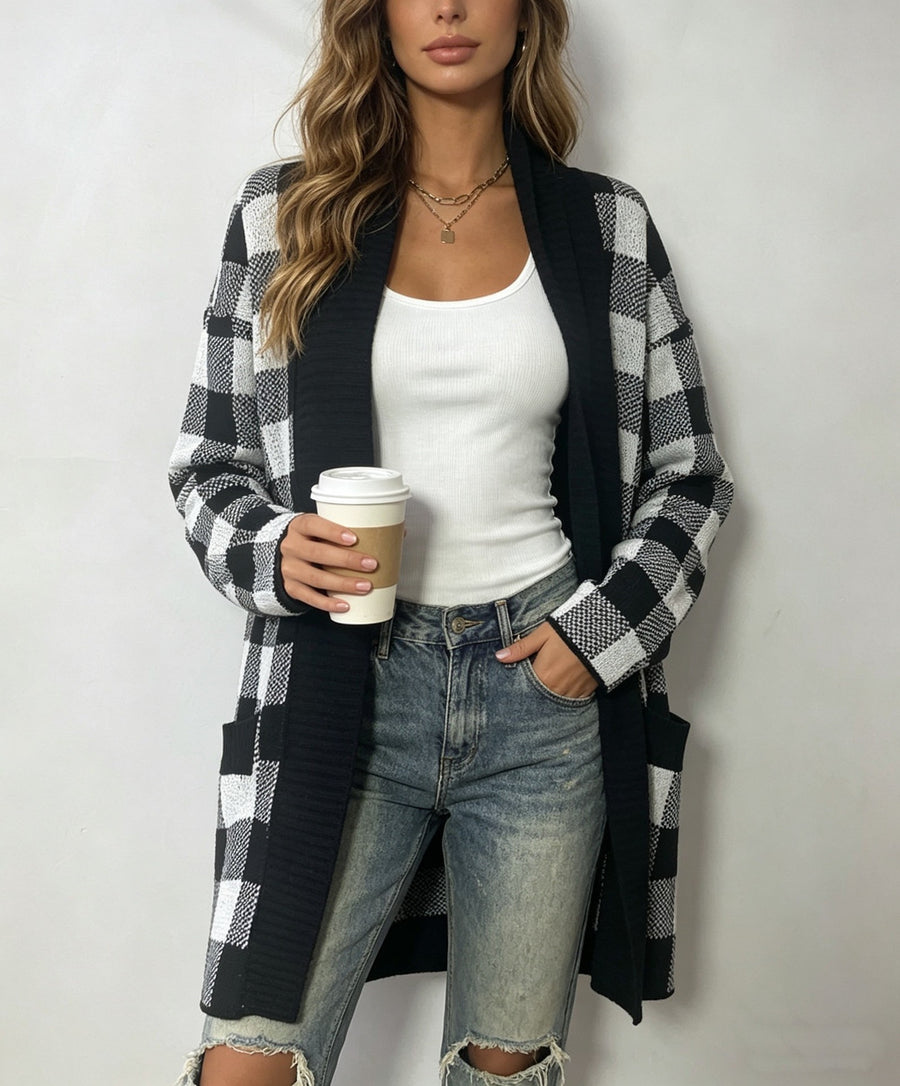 Plaid Pocket Cardigan Sweater - Plus-Size Loose-Fit Jacket
