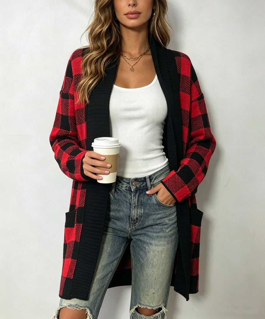 Plaid Pocket Cardigan Sweater - Plus-Size Loose-Fit Jacket