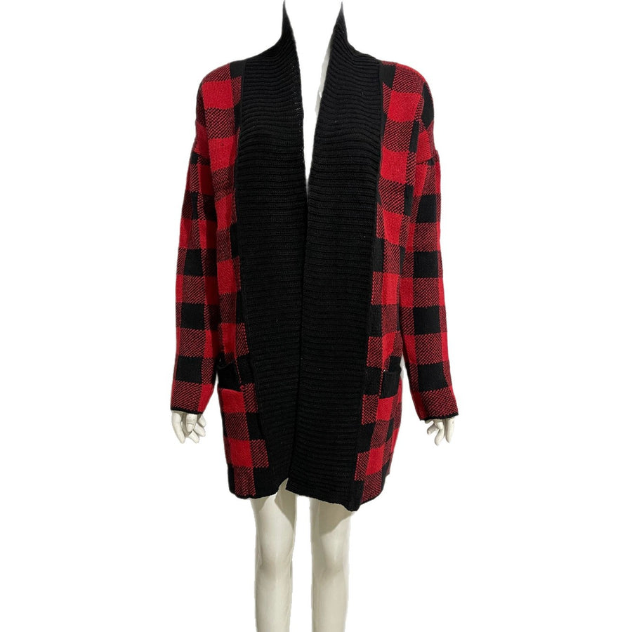 Plaid Pocket Cardigan Sweater - Plus-Size Loose-Fit Jacket