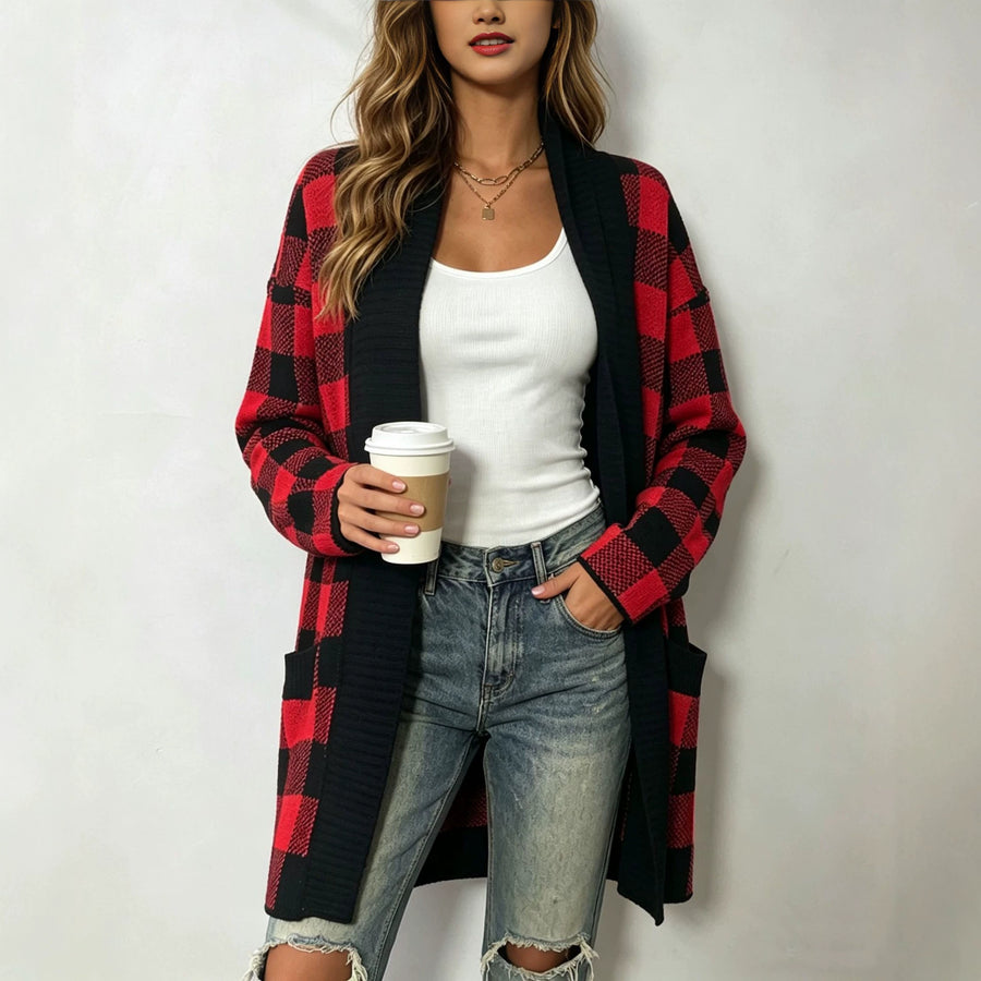 Plaid Pocket Cardigan Sweater - Plus-Size Loose-Fit Jacket