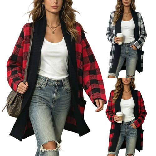 Plaid Pocket Cardigan Sweater - Plus-Size Loose-Fit Jacket